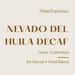 Colombia Nevado Del Huila Decaf, Washed Field Blend coffee beans.
